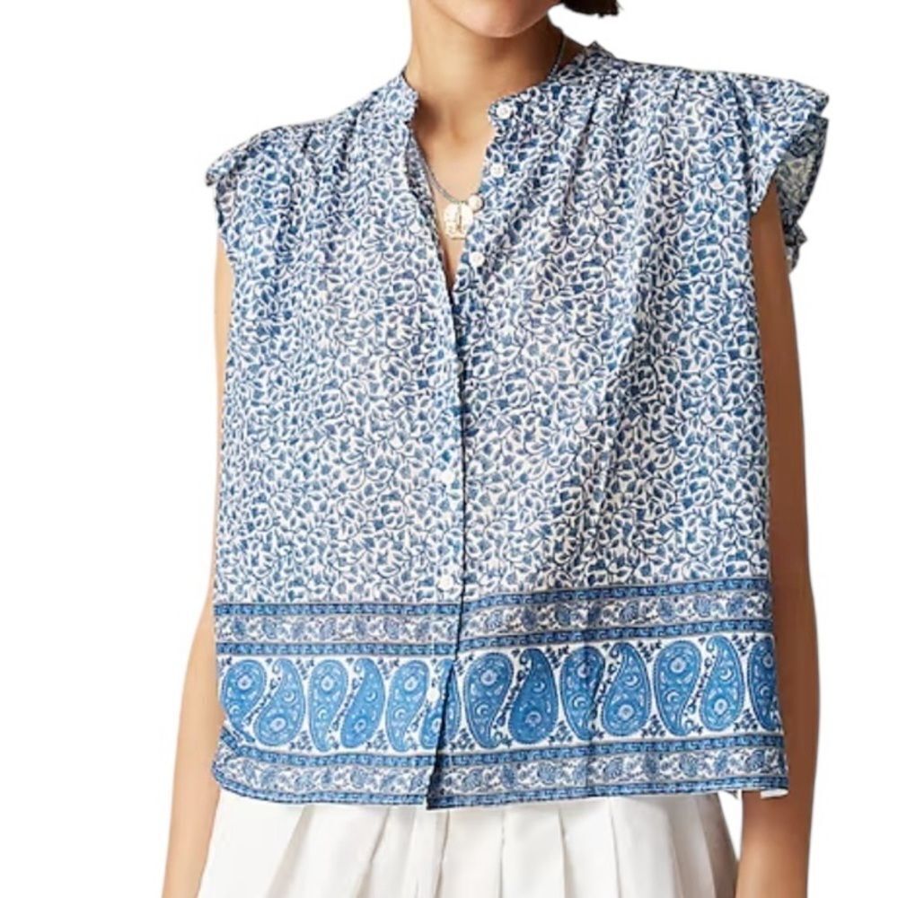 J.Crew Flutter-sleeve button-up shirt in bandana block print Blue Small